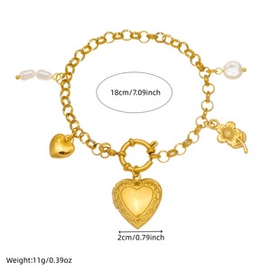 Heart Shape Gold Plated Charm Bracelet With Pearl And Flower Pendant For Women Gift Jewelry - Product Image 4