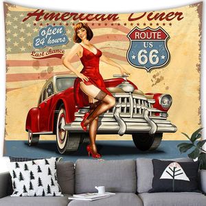 Tapiz Vintage Estilo Diner Americano con Estampado Retro de Autos y Camareras, Decoración de Pared con Textura de Piel de Durazno, Ideal para Sala de Estar y Bares - Product Image 1