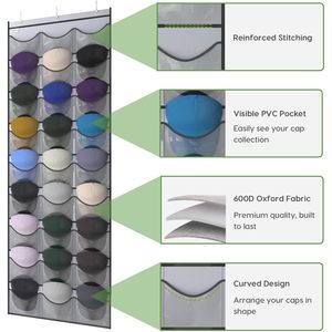 Organisateur de chapeaux pliable à suspendre sur la porte, à un seul niveau, avec 27 poches profondes, support de rangement transparent pour casquettes de baseball - Product Image 3