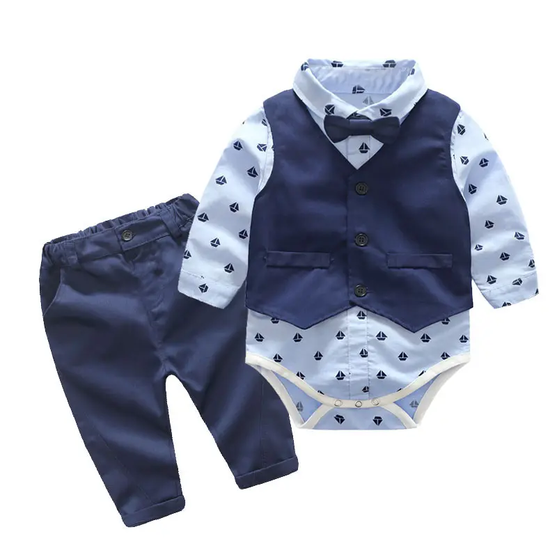 Neue Ankunft Weste Segelboot Print Stram pler mit Schleife Hosen Baby Boy Party Kleidung Anzüge für Kleinkind Outfit Baby Set Kleidung