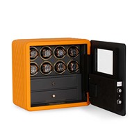 8 Automatische Uhrenbeweger-Safebox mit 2 Schubladen, Fingerabdruckschloss, orangefarbenem gestepptem Leder und Uhren-Organizer-Schrank