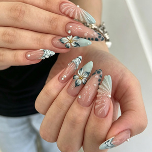 30Pcs Almond <b>Press</b> On Nails Blue <b>Flower</b> Pearl False Nail Tips Full Cover Artificial Fingernails For Manicure Wholesale - Product Image 1