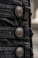 Veste en jean d'été pour femme, noire délavée, courte, respirante, avec détails de boutons argentés métallisés aux épaules