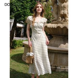 Sample Coustomization Beige Polka Dot Vintage Empire Waist <strong>Dress</strong> for <strong>Women</strong> New Gentle Mandarin <strong>Collar</strong> Ruffle Elegant Regular - Product Image 6