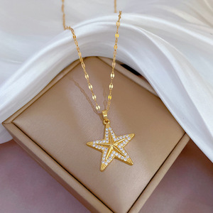 2024 di moda <span class=keywords><strong>Fine</strong></span> 18k placcato oro in acciaio inossidabile catena di lusso zircone diamanti gioielli a forma di stella collana pendente per donna - Product Image 2