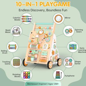Jouet d'éveil en bois naturel 10-en-1 Montessori : trotteur pousseur pour tout-petits avec centre d'activités, xylophone, trieur de formes et engrenages - Product Image 3