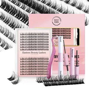 Bán buôn Fluffy cụm lông mi trái phiếu con dấu Remover phân đoạn mở rộng lông mi chồn DIY Lash phần mở rộng Kit với nhãn hiệu riêng