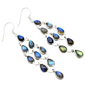 Boucles d'oreilles pendantes en argent 925 avec labradorite, style bohème, goutte d'eau sertie clos, bijoux de fête pour femme - Product Image 1