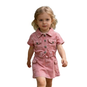 Conjunto de Dos Piezas de Mezclilla Vintage Rosa de Manga Corta para Niñas Pequeñas, Dulce, Moderno, Cómodo y Transpirable, Atuendo de Verano para Niños - Product Image 5