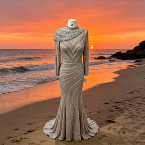 Robe de soirée sirène luxueuse à perles, robe de bal scintillante avec strass, robe de soirée formelle à manches longues pour femmes, pour mariage ou fête - Product Image 6