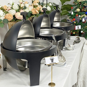Venta caliente Hotel Acero inoxidable Buffet redondo plato de frotamiento de lujo negro comida pantalla calefacción calentador Chefing para fiesta boda - Product Image 4