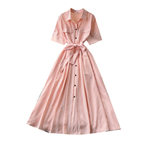 Robe chemise maxi décontractée pour femme, à col, rayée, à manches courtes, ceinturée, boutonnée sur le devant, coupe trapèze, avec poches, pour l'été