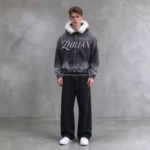 Maßgefertigter Vintage Sonnengebleichter Acid Wash Schwergewichtiger Baumwoll-Hoodie mit Kunstfell-Kapuze Vollreißverschluss Siebdruck Übergroßer Herbst Unisex-Kapuzenpullover - Product Image 4