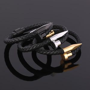 Bracelet en cuir tressé pour homme |   Bracelet en cuir véritable avec extrémité en acier inoxydable doré, noir ou argenté - Product Image 2