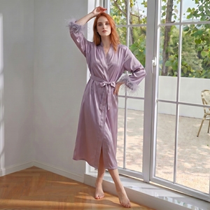 Pigiama da <span class=keywords><strong>donna</strong></span> taglie forti in finta seta viola con bordo in pelliccia, lussuoso e morbido, stile <span class=keywords><strong>accappatoio</strong></span>, comodo per il tempo libero a casa - Product Image 3
