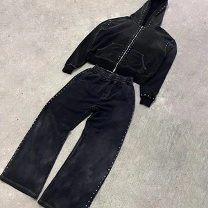 Custom <b>Hoodie</b> 100% Cotton Oversized Full Zip Rhinestone Detail Acid Wash Premium Quality Urban Street Style <b>Soft</b> Feel Men <b>Hoodie</b> - Product Image 3