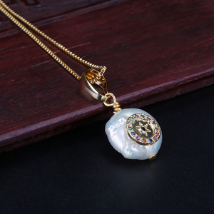 Collar de Ojos Turcos Chapado en Oro de 18K al por Mayor, Colgante Redondo Irregular con Circonitas, Collar de Perlas Blancas Auténticas, Joyería de Moda - Product Image 6