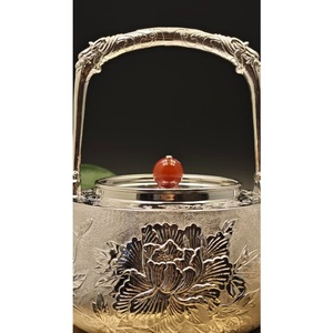 럭셔리 작약 디자인 실버 티 세트 손으로 새긴 꽃무늬 6피스 티 세트 중국식 찻주전자 세트 트레이 포함 - Product Image 5