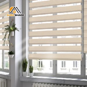 Cơ giới tắm Vanity Zebra rèm ngang cửa sổ đường sắt hàng đầu với vải đồng bằng kỹ thuật được xây dựng trong cài đặt - Product Image 4