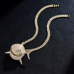 Colar com pingente de tubarão masculino, corrente hip hop cubano jóias com cristal de miami cubano conjunto de joias da moda - Product Image 3