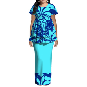 Nuovo Arrivo: Abito Lungo Blu Puletasi con Volant, Design Personalizzato Stile Hawaii, Abito a Maniche Corte, Abito Tribale Polinesiano da Donna in 2 Pezzi - Product Image 1