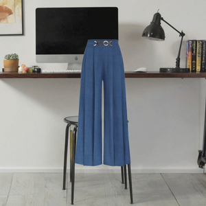 Pantalon élégant taille haute à jambes larges, bleu uni, plissé devant, ceinturé, coupe ample, longueur totale, tissé, style automne - Product Image 3