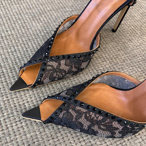 <b>Large</b> Size 45 Women Peep Toe Sandals Dress Lace Stiletto Shoes High Slim Heels Ankle Strap Rhinestone Wide Fit Pumps - Product Image 2