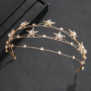 Baroque Fashion Star Crown Rhinestone Tiara For Bridal Wedding Star Headdress Handmade Crystal Hair Accessories Headband