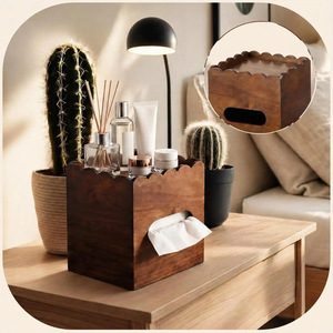 Wooden Tissue Box With Storage Tray Modern <b>Desktop</b> Organizer For Home Office Bedroom Living Room - Product Image 1