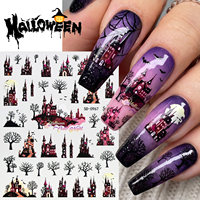 Autocollants 5D en relief pour ongles Halloween : Château, Chauve-souris, Arbre – Décorations auto-adhésives pour manucure Nuit effrayante