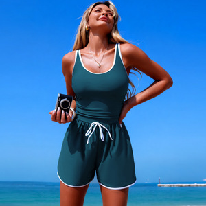 ชุดว่ายน้ำวันพีซสำหรับผู้หญิง สีพื้น สปอร์ต สไตล์เรียบร้อย แห้งเร็ว ชุดบิกินี่ สำหรับกีฬาทางน้ำชายหาด - Product Image 3