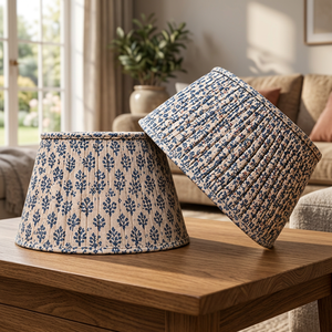Navy Blue Floral Print Linen <b>Lampshade</b> | Natural Beige Fabric Pleated Drum Shade | Decorative Table, <b>Floor</b> & Pendant <b>Lamp</b> Shade - Product Image 3