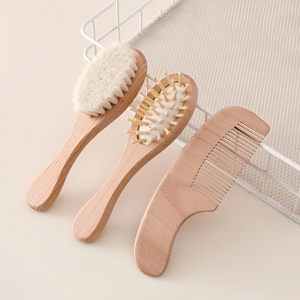Nuevo Set de Cuidado del Cabello para Bebés, <span class=keywords><strong>Cepillo</strong></span> de Lana Suave con Mango de Madera de Haya <span class=keywords><strong>Natural</strong></span>, <span class=keywords><strong>Cepillo</strong></span> de Masaje de Silicona, Kit de Aseo para Recién Nacidos, Caja de Regalo para Bebés - Product Image 2