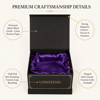 Boîte cadeau haut de gamme en matériaux recyclés, emballage de luxe avec couvercle rabattable, intérieur satiné noir mat drapé de violet, fermeture magnétique pour perruque