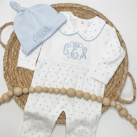 Tenue de rentrée à la maison pour bébé fille personnalisée avec monogramme, combinaison classique blanche à pois roses et ensemble chapeau assorti
