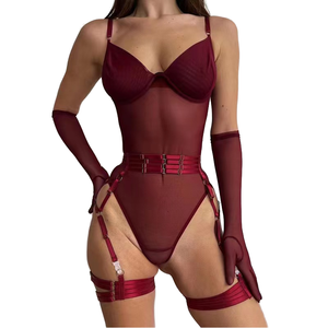 2025 vente chaude amusant <span class=keywords><strong>fille</strong></span> vin rouge body sangle épissage collants minces <span class=keywords><strong>Transparent</strong></span> trois pièces ensemble dentelle - Product Image 1