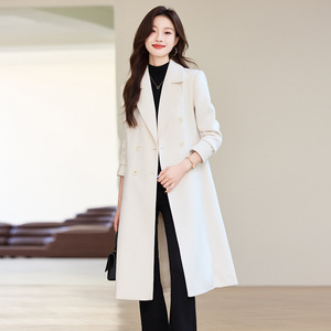 Women's Mid Length Trench Coat Beige Elegant Autumn Winter Polyester Woven Full Sleeve Comfortable Style - Product Image 1