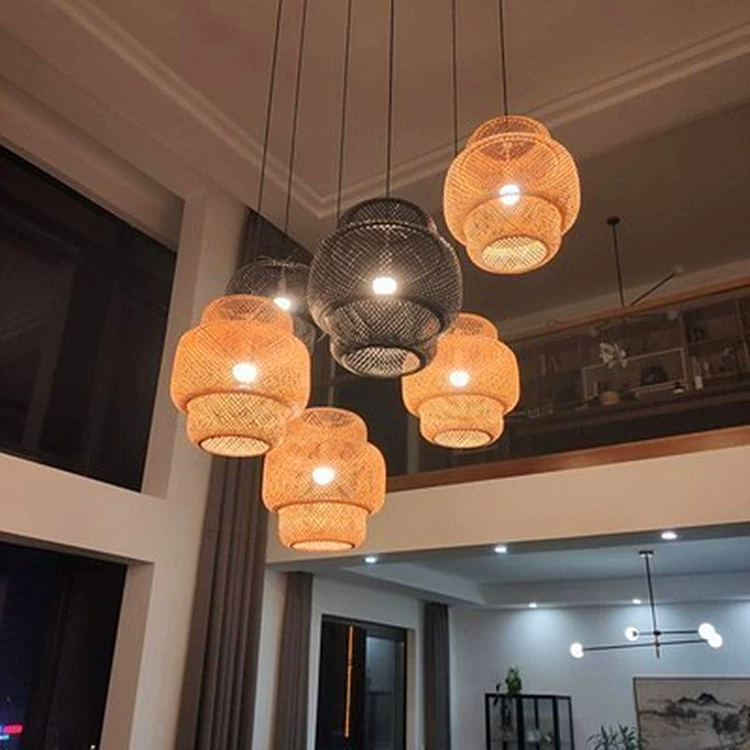 Retro Ceiling Lamp Handmade Dip Led Artwork Tea Restaurant Ding Room New Chinese Lantern Rattan Lamp Bamboo Pendant Lamp