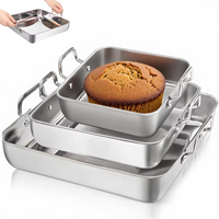 Ensemble de 3 plats de cuisson en acier inoxydable, rectangulaires, profonds, finition miroir poli, poignée à boucle, rivetés, emboîtables