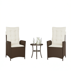 Set Of 2 <b>Reclining</b> Brown Rattan <b>Garden</b> <b>Chairs</b> With Cream <b>Cushions</b> Outdoor Furniture - Product Image 1
