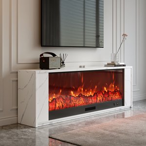 Cheminée électrique <span class=keywords><strong>en</strong></span> bois d'ingénierie moderne AJUNION, support <span class=keywords><strong>TV</strong></span>, chaleur réglable, luminosité de la flamme personnalisable avec télécommande - Product Image 1