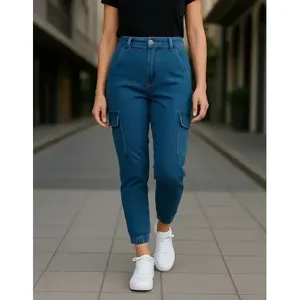 Jeans Cargo da Donna Adrenaline Blu a Vita Alta in Denim Elasticizzato Traspirante Stile Semplice - Product Image 1