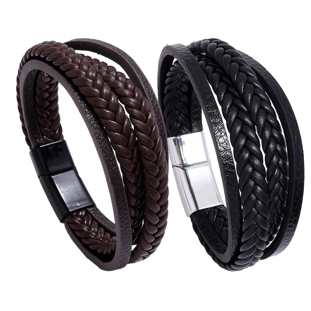 Vintage leather braided couple bracelet women casual handmade bangle wholesale men's multi-layer magnet buckle leather cord