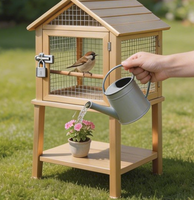 Cage à oiseaux et support à fleurs 2-en-1 en bois de sapin peint or champagne, design moderne et luxueux, pour l'extérieur, petit nichoir de jardin