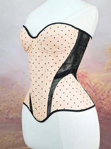 Cute Strapless Sweetheart <b>Corset</b> Polka Dot Mesh Spliced Bodice Boned Waist Shaping <b>Top</b> for Retro Party Photo Shoot - Product Image 2
