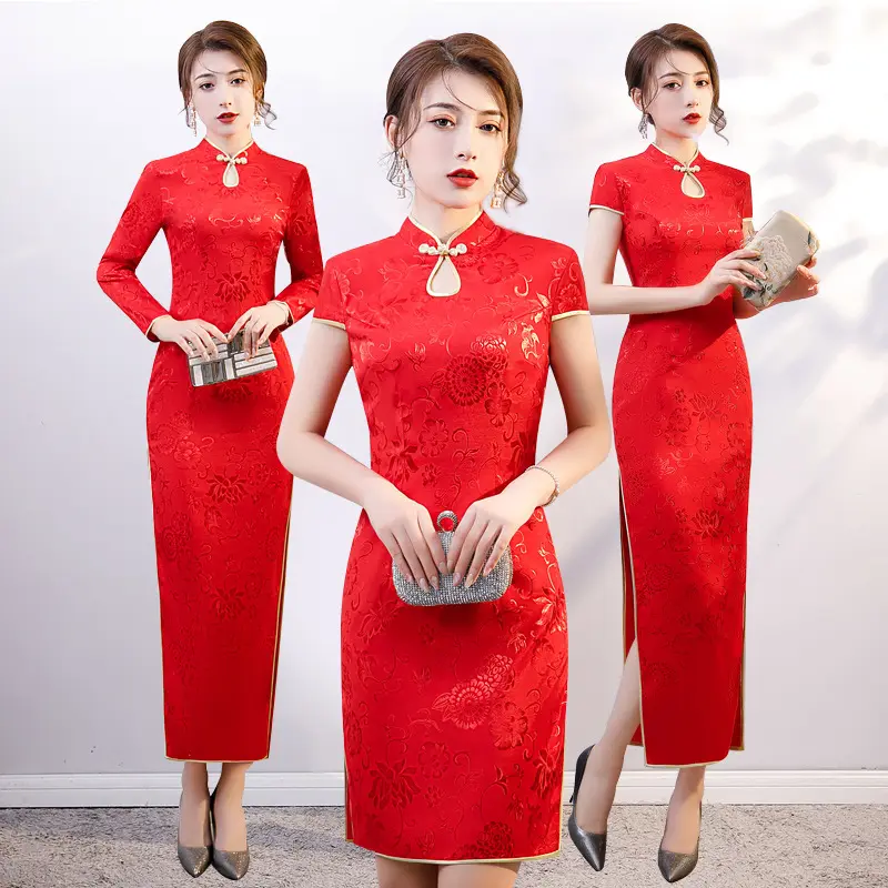 Qipao Pernikahan Tradisional Tradisional Tahun Baru Wanita Bordir Lubang Kunci Gaun Terpisah Elegan Perempuan Bunga Bodycon Cheongsam