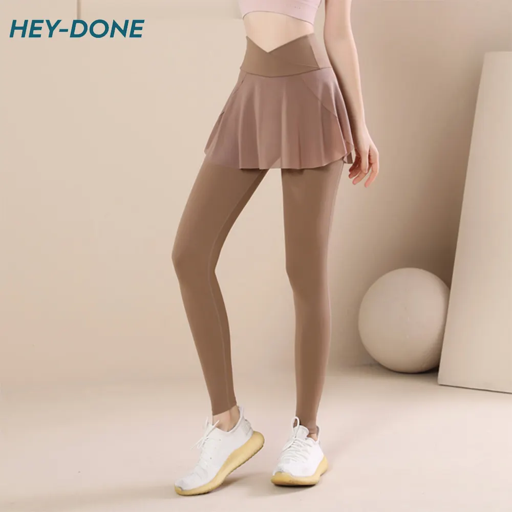 Heydone Custom Fashion Skirt Pants For Women Yoga Leggings With Pockets Crossover Waist Gym Sport Two Piece Legging Set Women