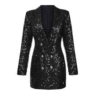 Elegante Doppio-petto Manica Lunga Profondo Scollo A V Nero di Inverno Delle Donne <span class=keywords><strong>Giacca</strong></span> di <span class=keywords><strong>Paillettes</strong></span> - Product Image 6