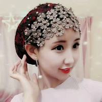 Gorro plisado de moda europea y americana para mujer, gorro de pañuelo musulmán con perlas de tamaño indio, gorro étnico