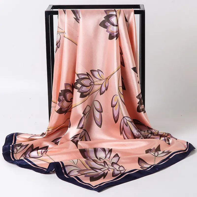 Luxe Femmes 90*90CM Fleurs Impression Satin Carré Écharpe Châles Soie-comme Élégant Foulard Hijab Foulards